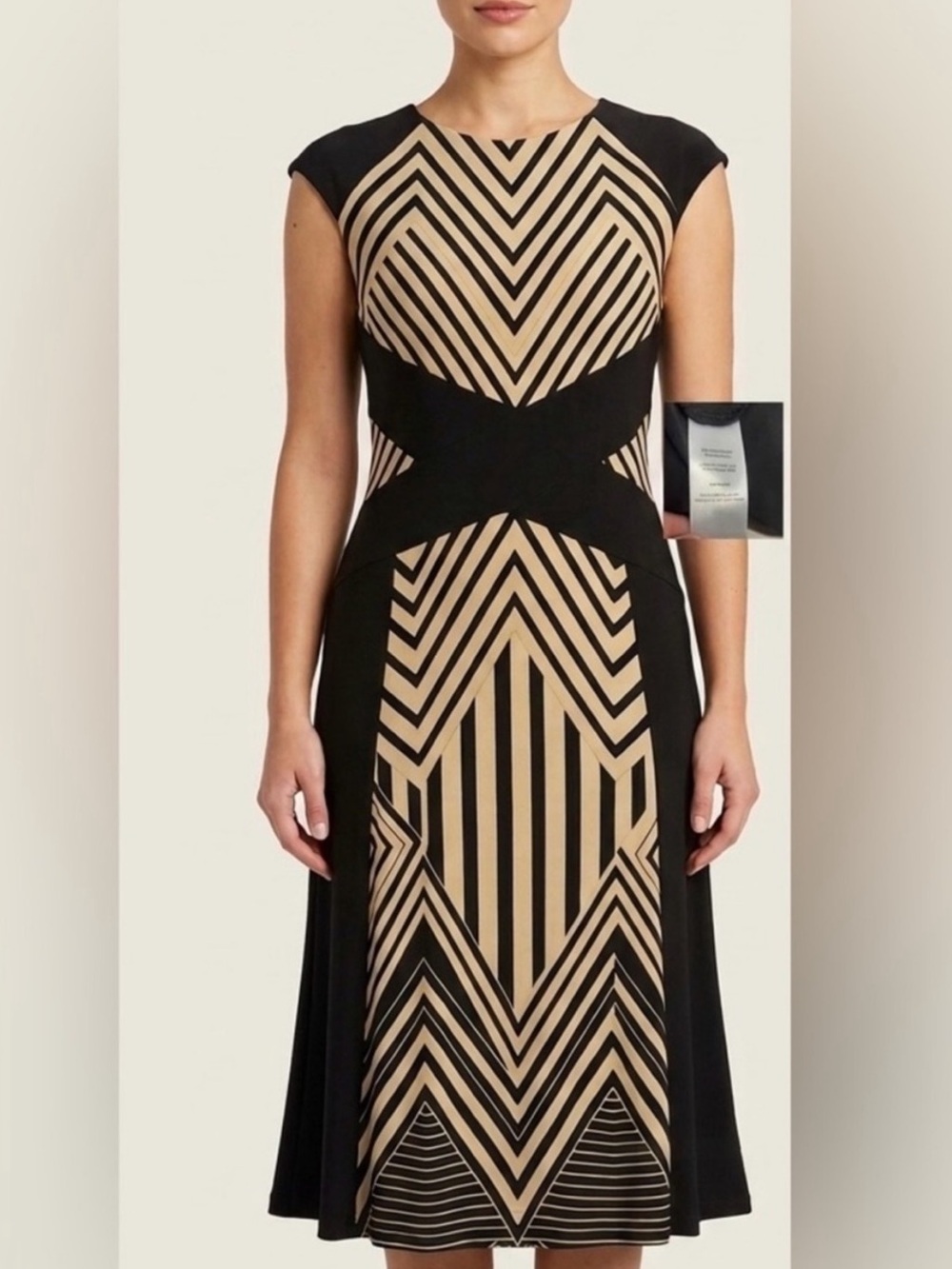 Cleo Black & Beige Geometric
Art Deco Cap Sleeve Dress
Stretch Size M